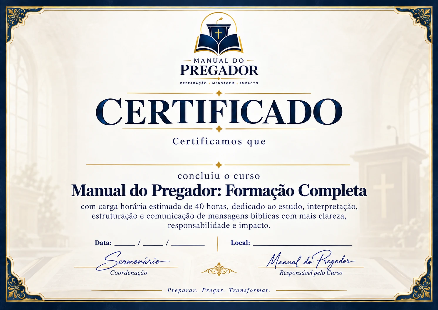 Modelo do certificado de conclusão do Manual do Pregador: Formação Completa