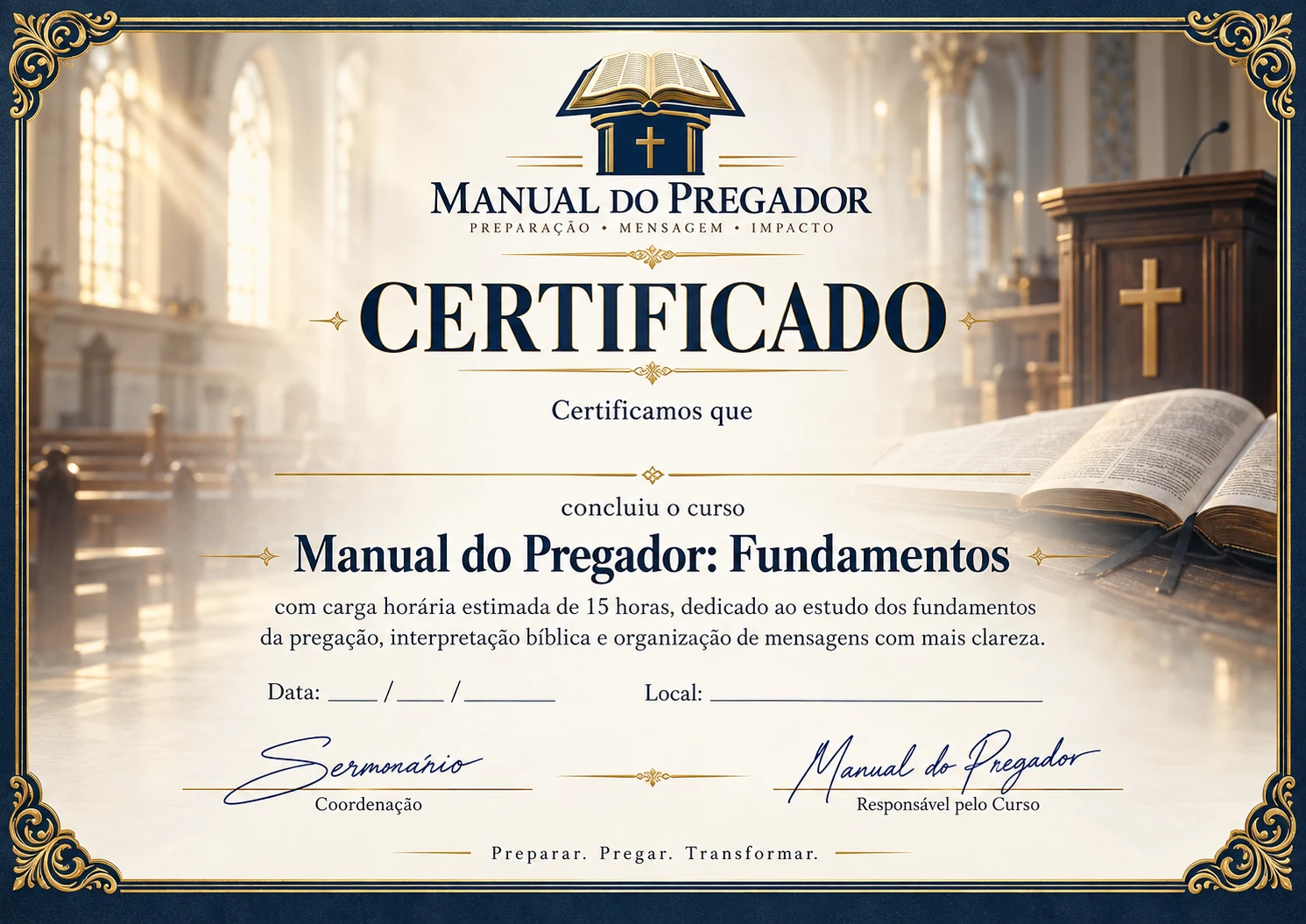 Modelo do certificado de conclusão do Manual do Pregador: Fundamentos